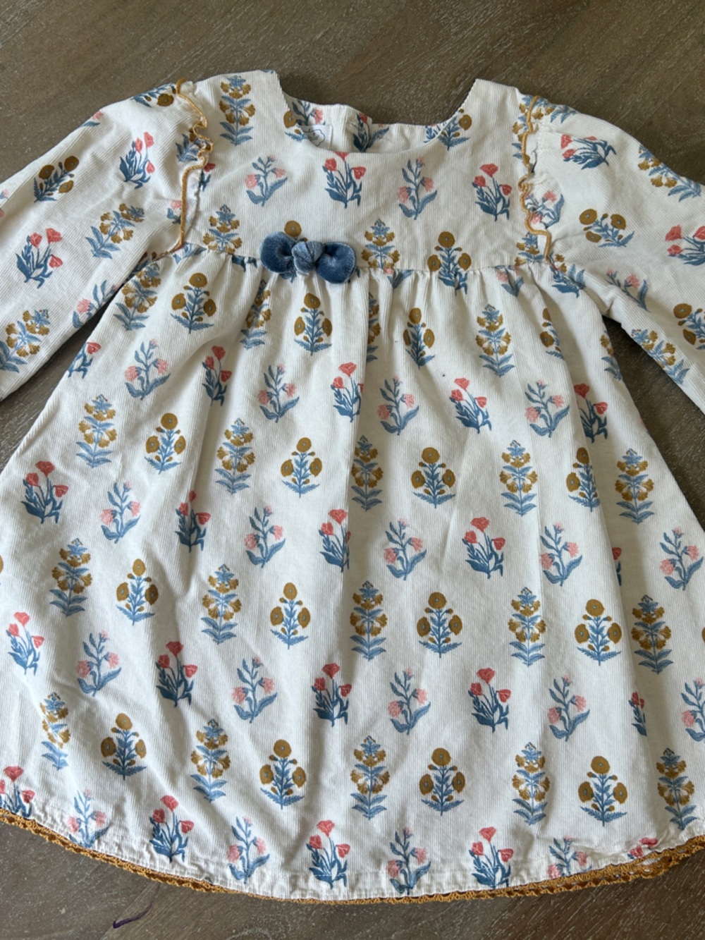 Mud Pie Cream Cotton Floral Dress with Blue Bow and Pink Accents